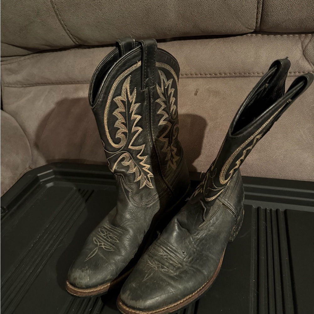 Black Leather Cowboy Boots with Tan Embroidery